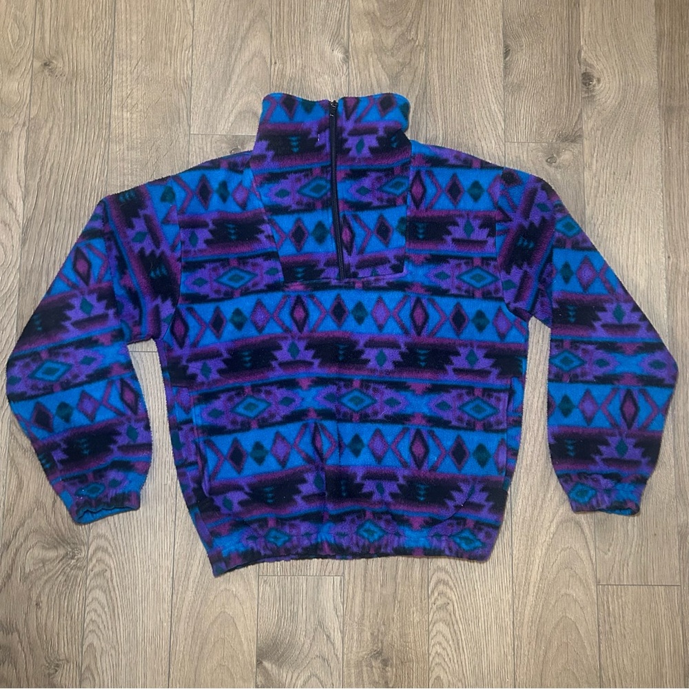 Vintage 90s Geometric Nordic Quarter Zip Fleece Vibrant Blue and Purple Size M
